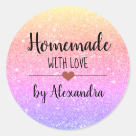 Hausgemacht mit Liebe Regenbogenschrift Glitzer-Kl Runder Aufkleber