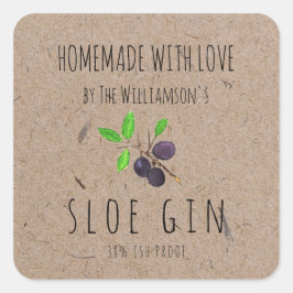 Hausgemacht mit Liebe Sloe Gin Kraft Papier Quadratischer Aufkleber
