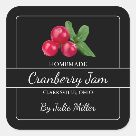 Hausgemachte Cranberry Jam Square Label Black Quadratischer Aufkleber (Vorderseite)