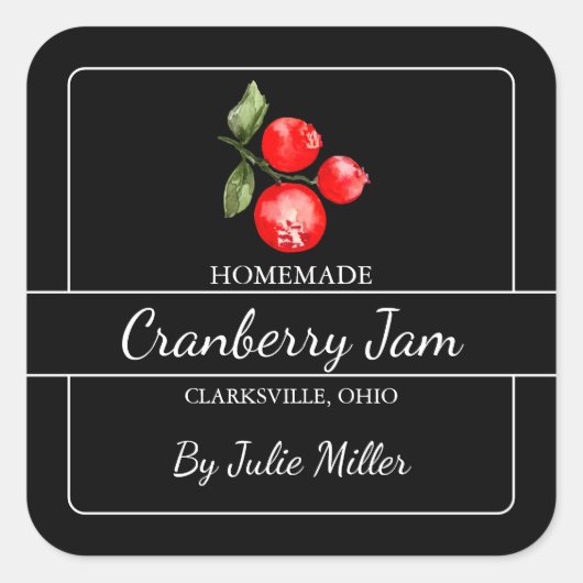 Hausgemachte Cranberry Jam Square Label Black Quadratischer Aufkleber (Vorderseite)