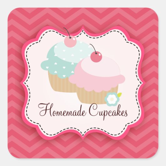 Hausgemachte Cupcakes Personalisierte Labels Quadratischer Aufkleber (Vorderseite)