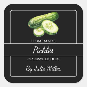 Hausgemachte Gurken Pickles Square Schwarzes Label Quadratischer Aufkleber