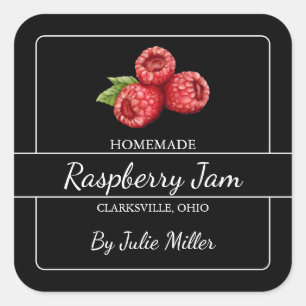 Hausgemachte Himbeere Jam Square Label Black Quadratischer Aufkleber
