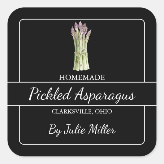 Hausgemachte Pickled Asparagus Square Label Black Quadratischer Aufkleber (Vorderseite)