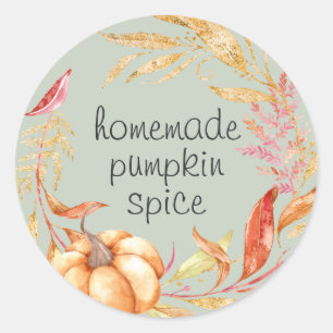 Hausgemachte Pumpkin Gewürz Wasserfarbe Blattgrün Runder Aufkleber