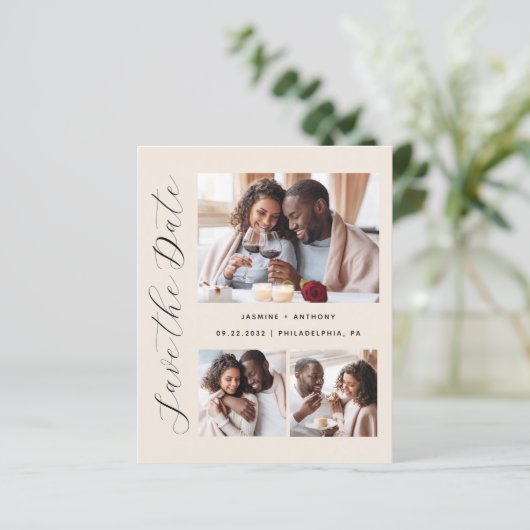 Haushalt 3-Foto Beige Save the Date (Stehend Vorderseite)