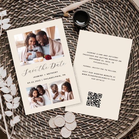 Haushalt 3-Foto QR-Kodex Beige Save the Date
