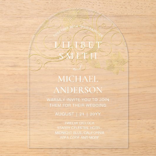 HAUSHALT Akrobische Hochzeit Gold Weiß Elegant Chi Acryleinladungen (Vorderseite)