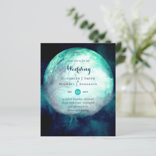 HAUSHALT Aquamarin Moon Gothic Wedding Einladung (Stehend Vorderseite)