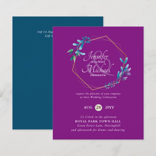 HAUSHALT Aquamarine Lila Goldkranz-Hochzeitseinlad (Vorne/Hinten)