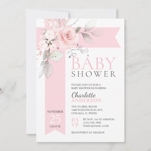 Haushalt Blumenstrauß Rose Rosa Girl BABY SHOWER Einladung (Vorderseite)