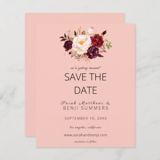 Haushalt Burgund Marsa Floral Save the Date rosa 2 (Vorne/Hinten)