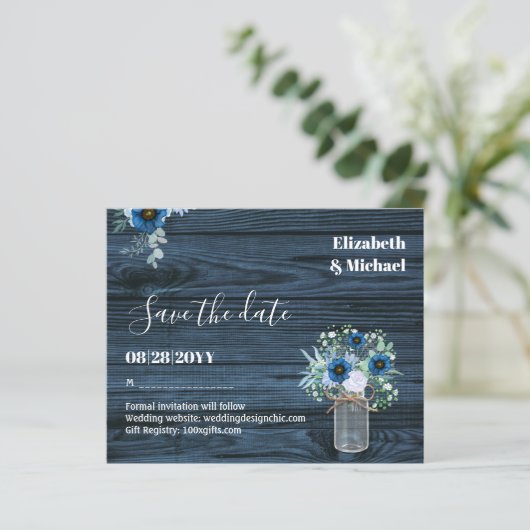 HAUSHALT Dusty Blue Rett Dates Rustikale Hochzeit (Stehend Vorderseite)