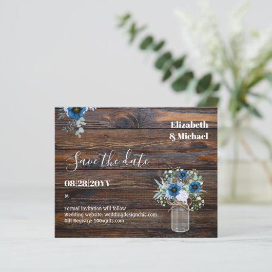 HAUSHALT Dusty Blue Rett Dates Rustikale Hochzeit (Stehend Vorderseite)