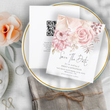 Haushalt Dusty Pink Florals QR-Code Save the Date