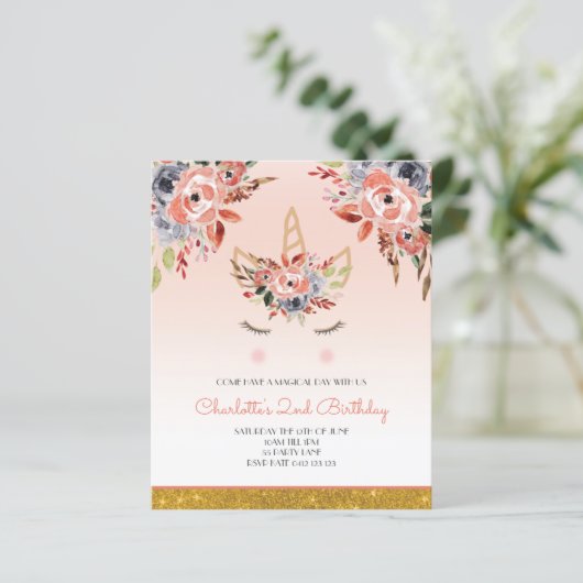 HAUSHALT, Einhorn Wasserfarbe Florals Einladung (Stehend Vorderseite)