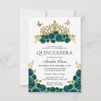 HAUSHALT Elegant Green Floral Gold Tiara Quinceane Mitteilungskarte