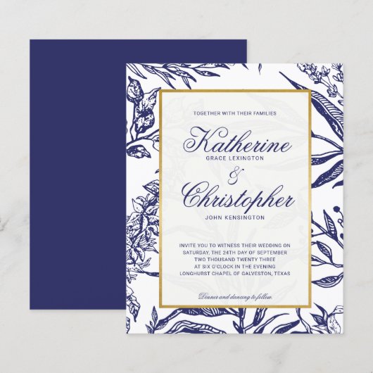 HAUSHALT Elegant Navy Blue Gold Botanische Hochzei (Vorne/Hinten)