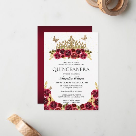 HAUSHALT Elegante Rote Flora Gold Tiara Quinceaner Mitteilungskarte (Vorderseite/Rückseite Beispiel)