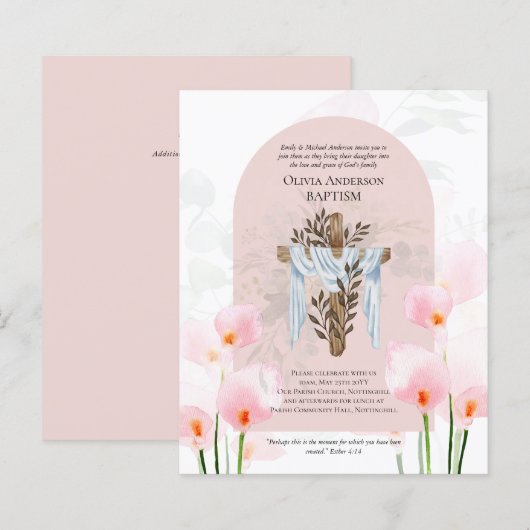 HAUSHALT Eleganter BAPTISM Einladung Pink Calla Li (Vorne/Hinten)