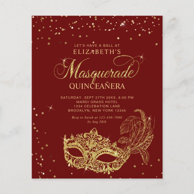 HAUSHALT Elegantes Rotes Gold Masquerade Quinceañe (Vorderseite)