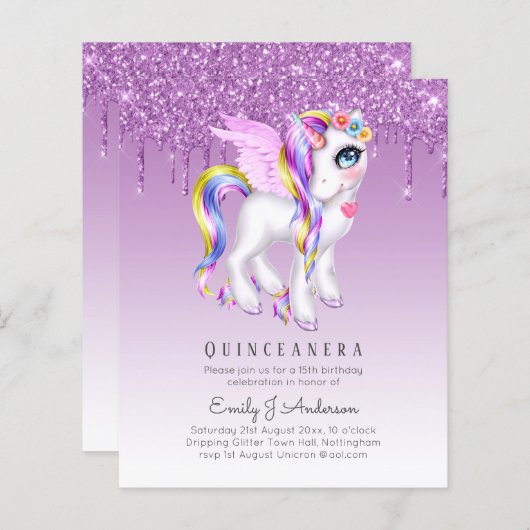 HAUSHALT Glitzer Quinceanera Unicorn Anicorn Flüge (Vorne/Hinten)
