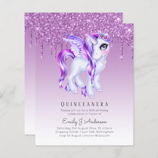 HAUSHALT Glitzer Quinceanera Unicorn Anicorn Flüge (Vorne/Hinten)