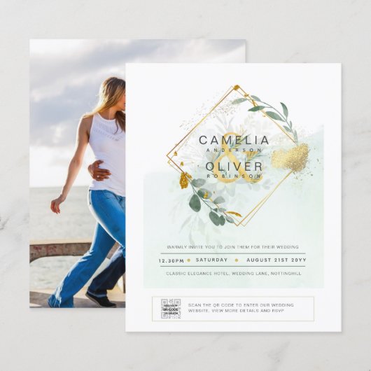 HAUSHALT Grüne FOTO Hochzeit Einladung QR CODE (Vorne/Hinten)