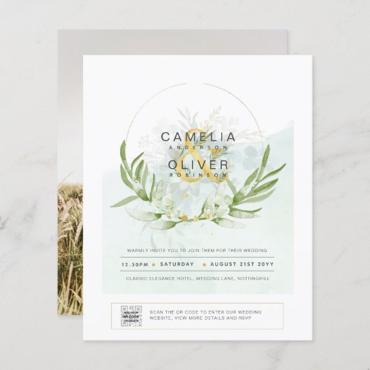 HAUSHALT Grüne FOTO Hochzeit Einladung QR CODE F (Vorne/Hinten)