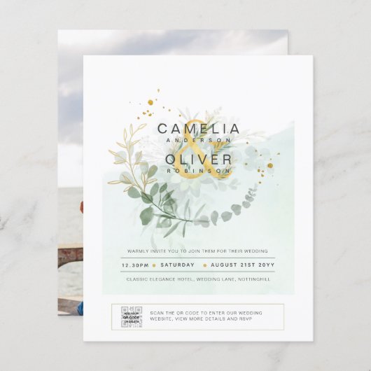 HAUSHALT Grüne FOTO Hochzeit Einladung QR CODE F (Vorne/Hinten)