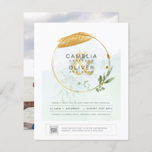 HAUSHALT Grüne FOTO Hochzeit Einladung QR CODE F (Vorne/Hinten)