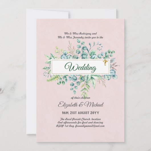 Haushalt KATHOLIC Christlich WEDDING Greenery bitt Einladung (Vorderseite)