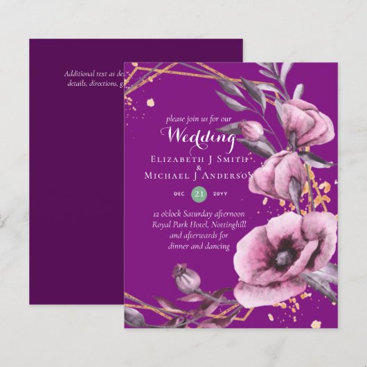 HAUSHALT Lila Goldflorale Hochzeitseinladungen (Vorne/Hinten)