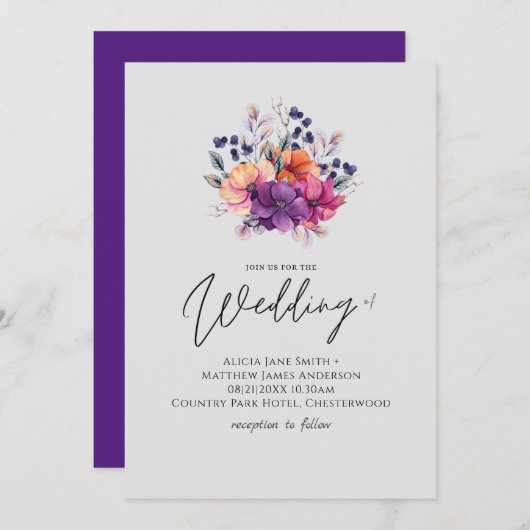 HAUSHALT Lila Orange Floral Wedite Einladung (Vorne/Hinten)