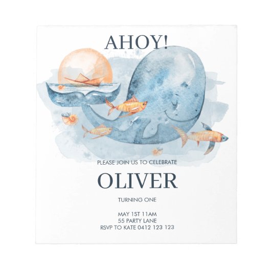 HAUSHALT Niedlicher Whale Aquarell Geburtstagsfeie Notizblock (Vorderseite)