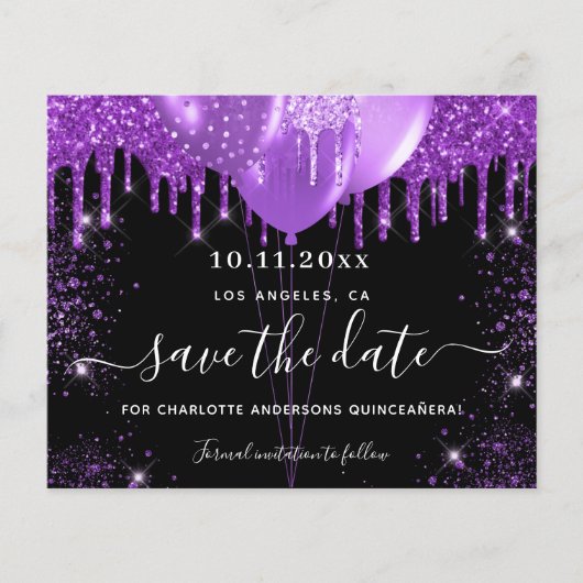 Haushalt Quinceanera schwarz Save the Date lila (Vorderseite)