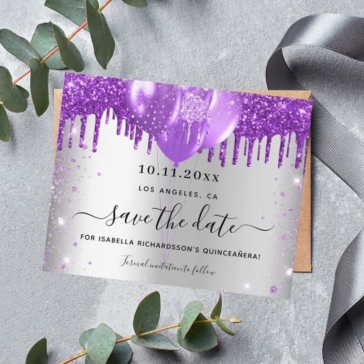 Haushalt Quinceanera Silber Save the Date lila