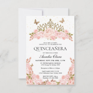 HAUSHALT Rosa Blütenrot Gold Tiara Quinceanera Mitteilungskarte
