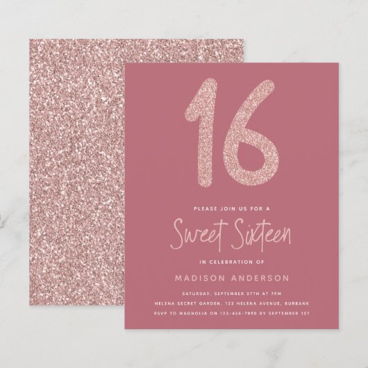 HAUSHALT Rosa Glitzer Süß 16 Einladung (Vorne/Hinten)