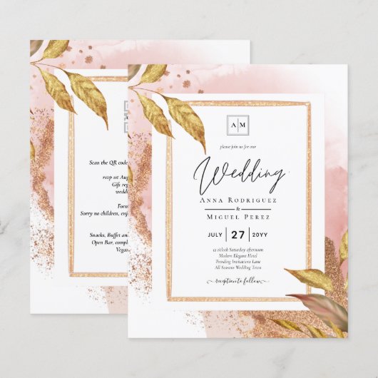 HAUSHALT Rose Gold Blätter Hochzeitsstipendium QR- (Vorne/Hinten)