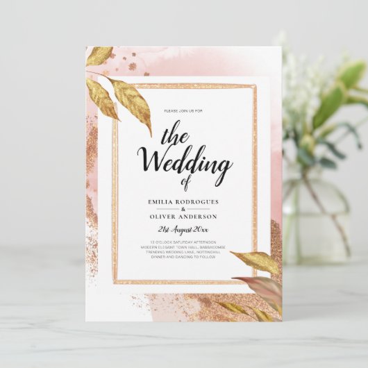 HAUSHALT Rose Gold Blätter Hochzeitsstipendium QR- Einladung (Stehend Vorderseite)