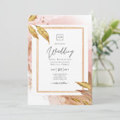 HAUSHALT Rose Gold Blätter Hochzeitsstipendium QR- Einladung (Stehend Vorderseite)