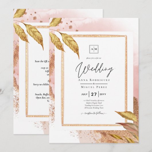 HAUSHALT Rose Gold Blätter Hochzeitsstipendium QR- Einladung (Vorne/Hinten)