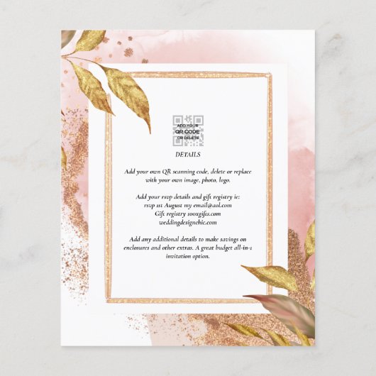 HAUSHALT Rose Gold Blätter Hochzeitsstipendium QR- Flyer (Hinten)