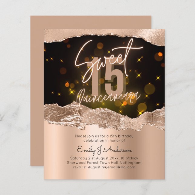 HAUSHALT Rose Gold Foil Glitzer Quinceanera 15. (Vorne/Hinten)