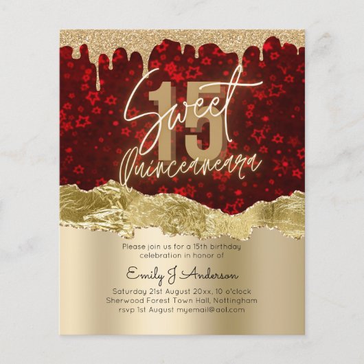 HAUSHALT Roter Gold Foil Glitzer Quinceanera 15. F Flyer (Vorne)