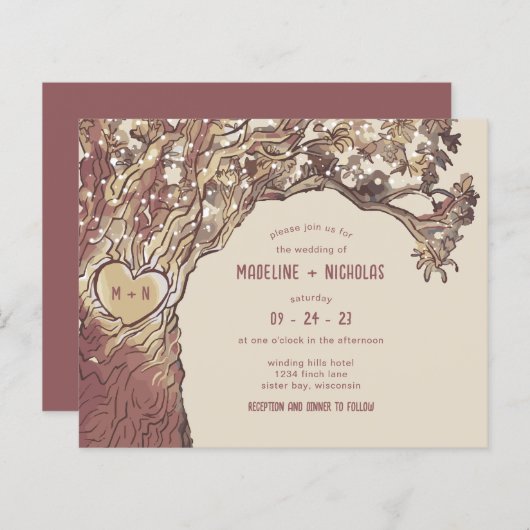 HAUSHALT Rustikal geschnitzter Herzbaum Einladung (Vorne/Hinten)