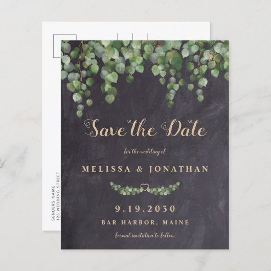 Haushalt Rustikaler Eukalyptus Save the Date Postk (Vorne/Hinten)
