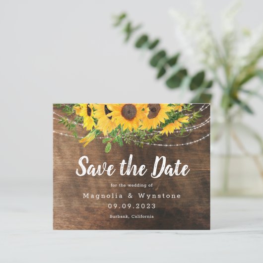 HAUSHALT Rustikaler Fall Sonnenblumen Save the Dat (Stehend Vorderseite)