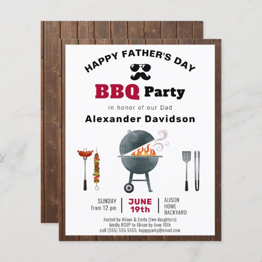 HAUSHALT Rustikales Holz Vatertag GRILLEN Einladun (Vorne/Hinten)